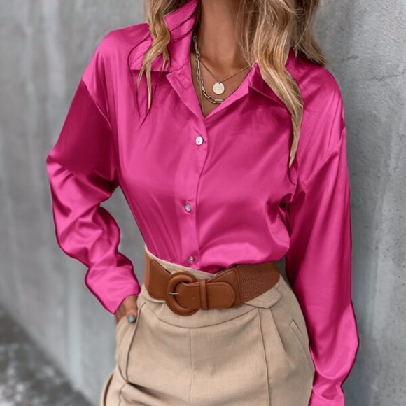 Black Classic button up Satin Boyfriend Work Top Minimalist - Picture 7 of 16